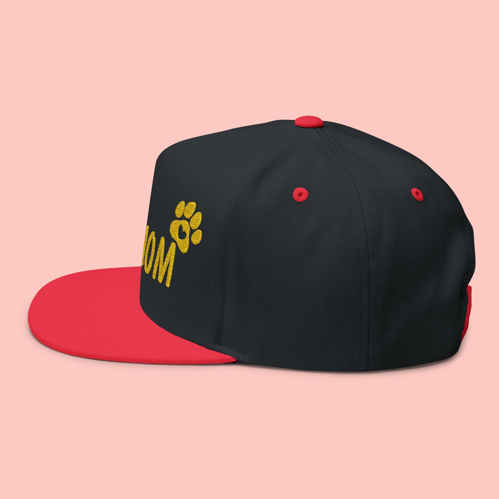 Dog Mom Embroidered Flat Bill Cap — Paw Print Snapback Hat