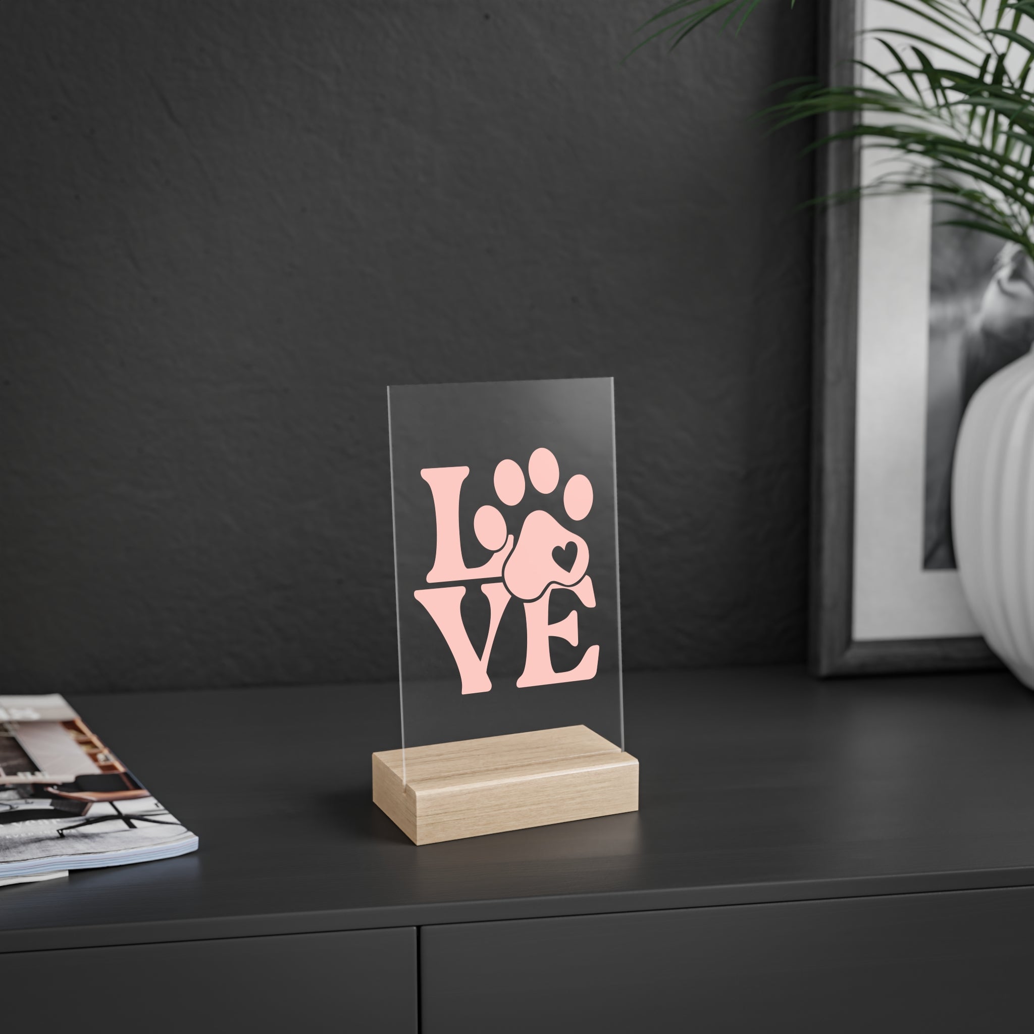 Acrylic Sign — Pink Paw LOVE Desk Decor with Wooden Stand