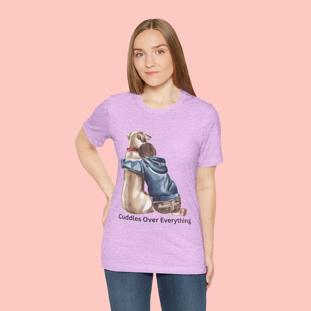 Cuddles Over Everything Tee — Boy Hugging Dog Animal Lover T-Shirt