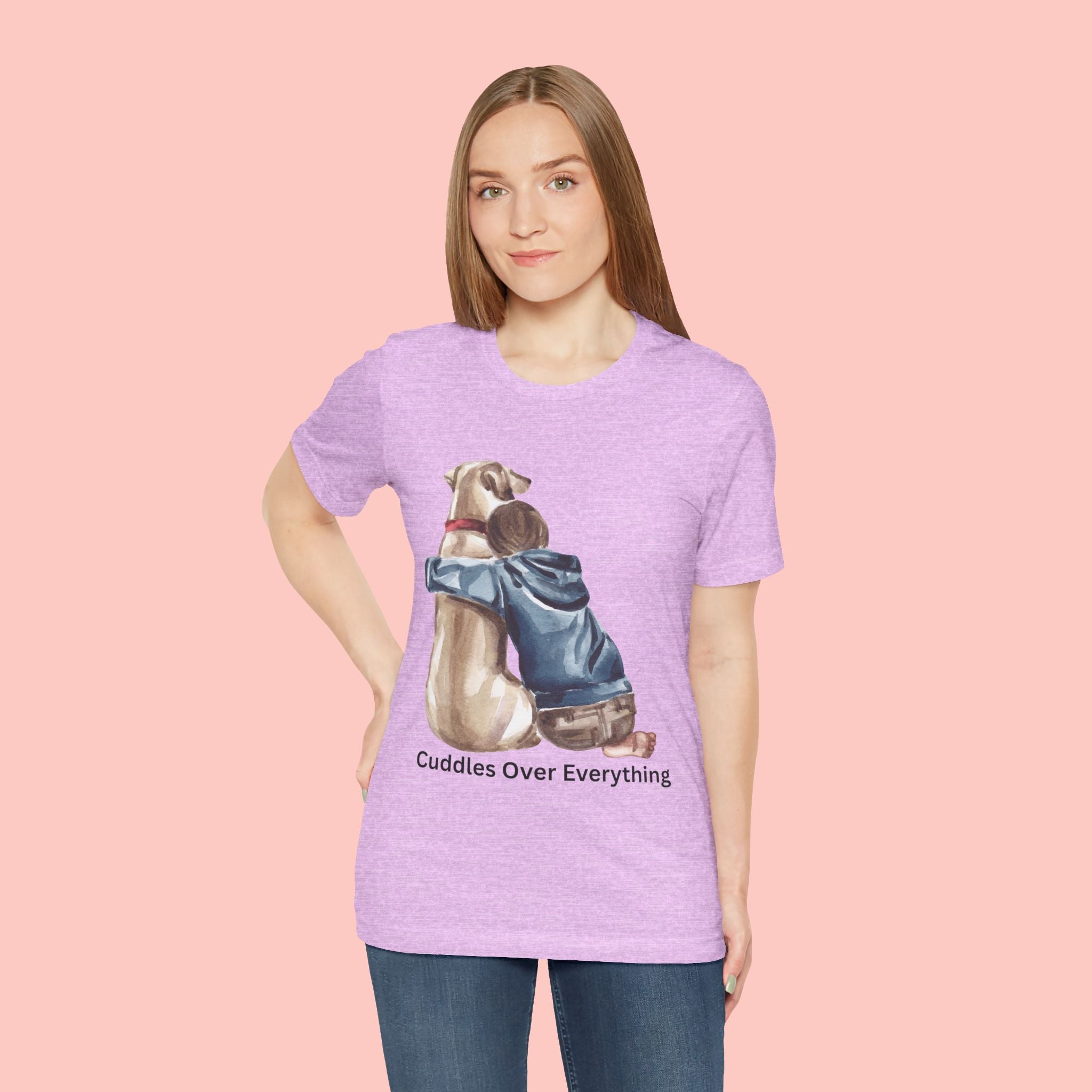 Cuddles Over Everything Tee — Boy Hugging Dog Animal Lover T-Shirt